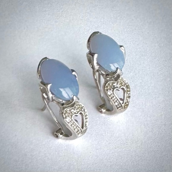 Vintage Natural Blue CHALCEDONY Sterling Silver 925 HEART Earrings Necklace SET - Picture 5 of 12